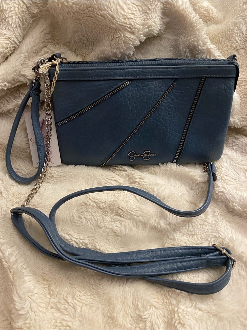 Jessica Simpson Navy Blue Crossbody Wristlet with Chain Accent